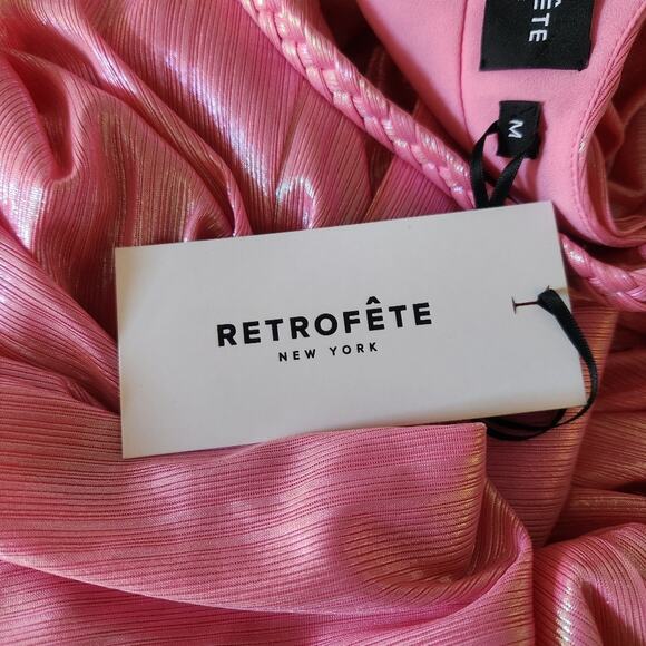 Retrofete Yesi Dress in Flamingo Pink Medium NWT Metallic Maxi Spaghetti Straps - Picture 12 of 14